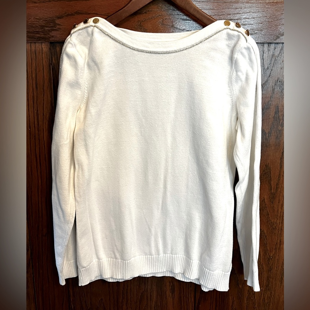 Liz Claiborne white sweater gold embellishment Normcore Cabincore 100% Cotton L